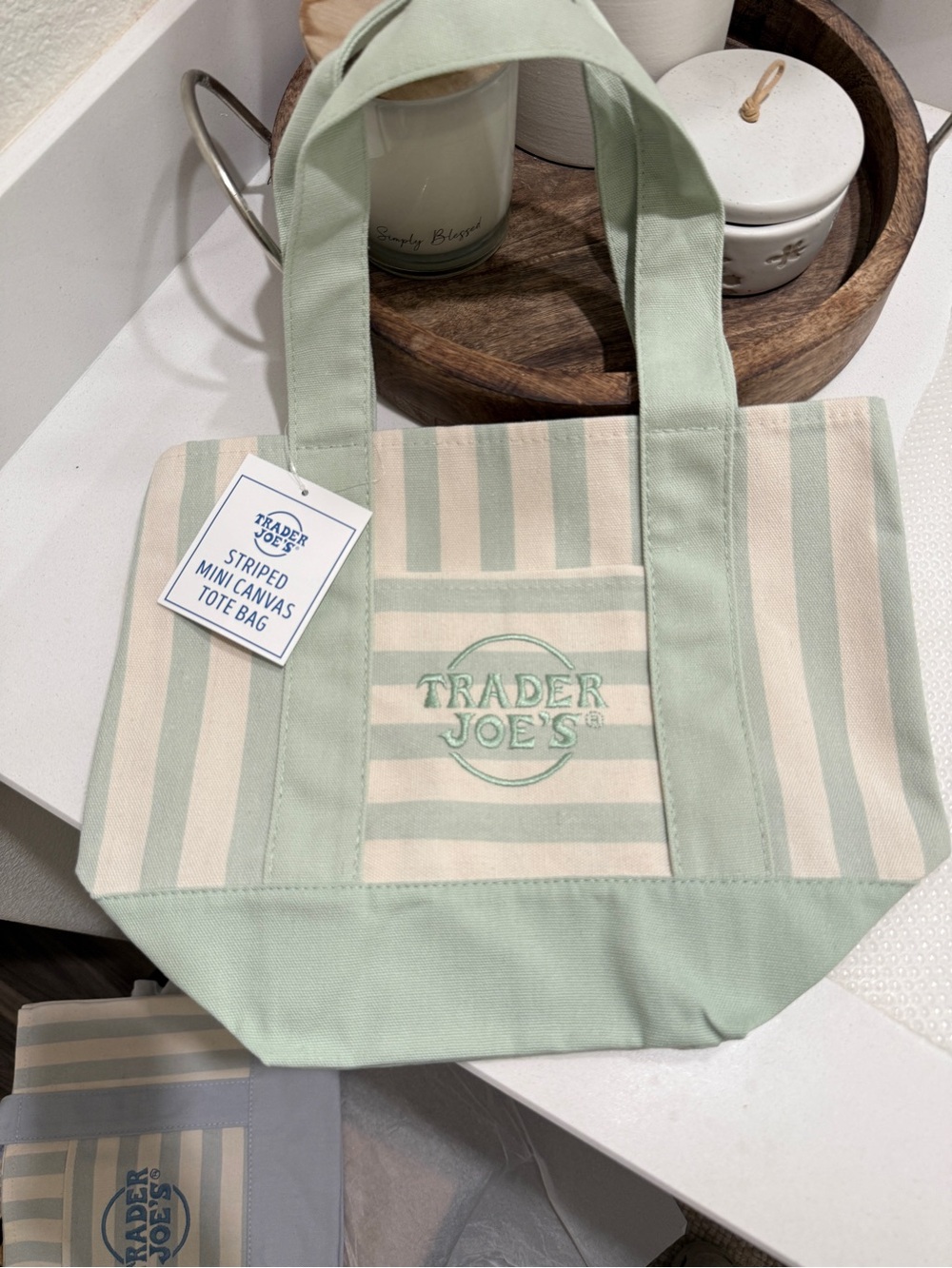 NEW Trader Joe’s Mint Green Striped Canvas Tote Bag